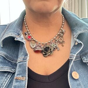 Upcycled Bold Silver Tone Ball Chain with Mixed Charms Necklace